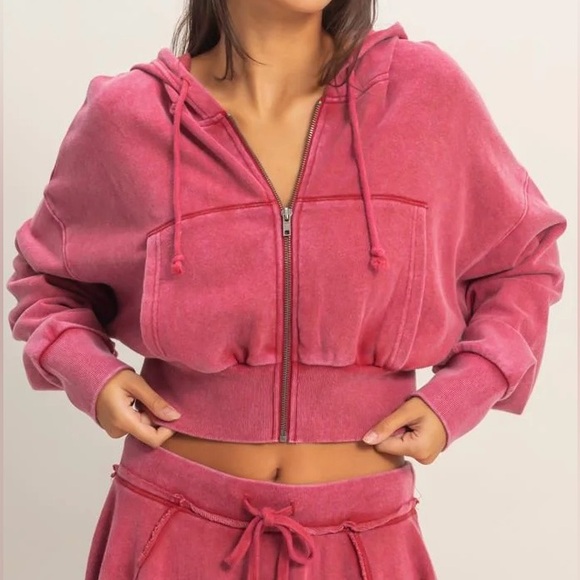 NWT Acid Washed Cropped Zip Up Terry Hoodie Crop Hooded Sweatshirt Dark Red - Picture 8 of 11